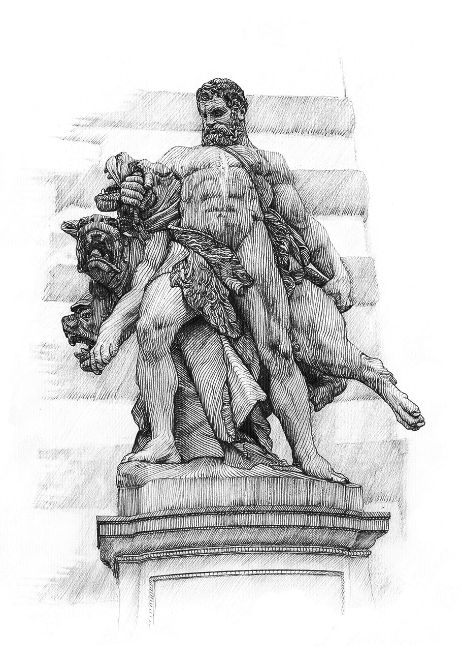 Bleistiftzeichnung:<br>Skulptur von Hercules - Michaelerplatz<br>von Denis Tenev<br>Original ist verfügbar - 250 EUR