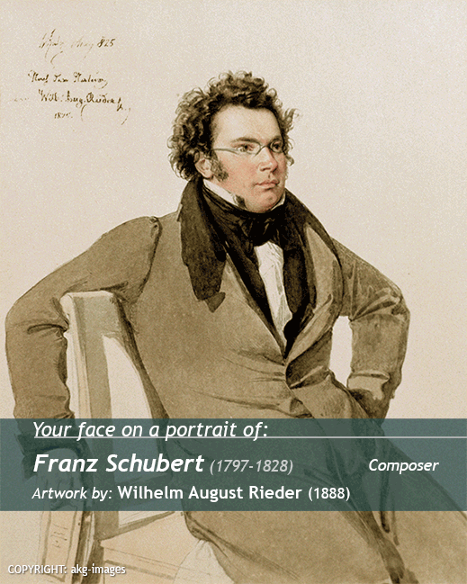 Your portrait on<br>Franz Schubert painting<br>artwork by Willhelm A. Reider (1888)