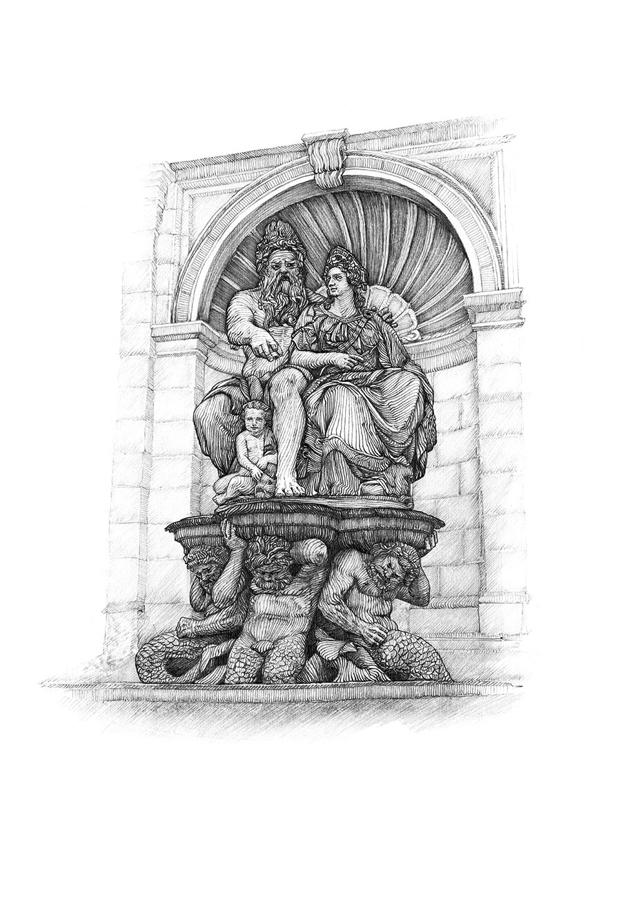 Bleistiftzeichnung:<br>Skulptur von Zeus - Albertinaplatz<br>von Denis Tenev<br>Original ist verfügbar - 250 EUR