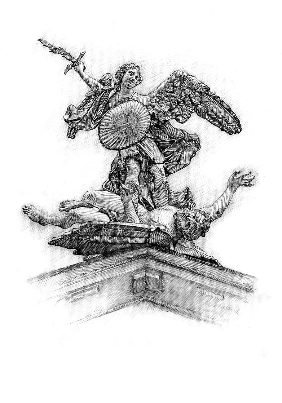 Bleistiftzeichnung:<br>Skulptur von Archangel Michael - Michaelerplatz<br>von Denis Tenev<br>Original ist verfügbar - 250 EUR