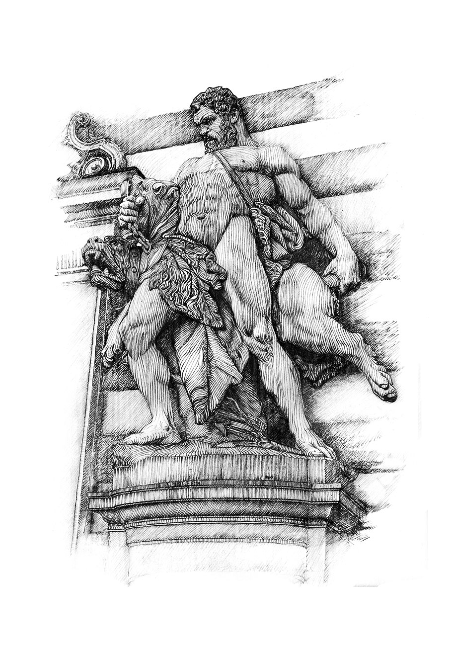 Bleistiftzeichnung:<br>Skulptur von Hercules - Michaelerplatz<br>von Denis Tenev<br>Original ist verfügbar - 250 EUR